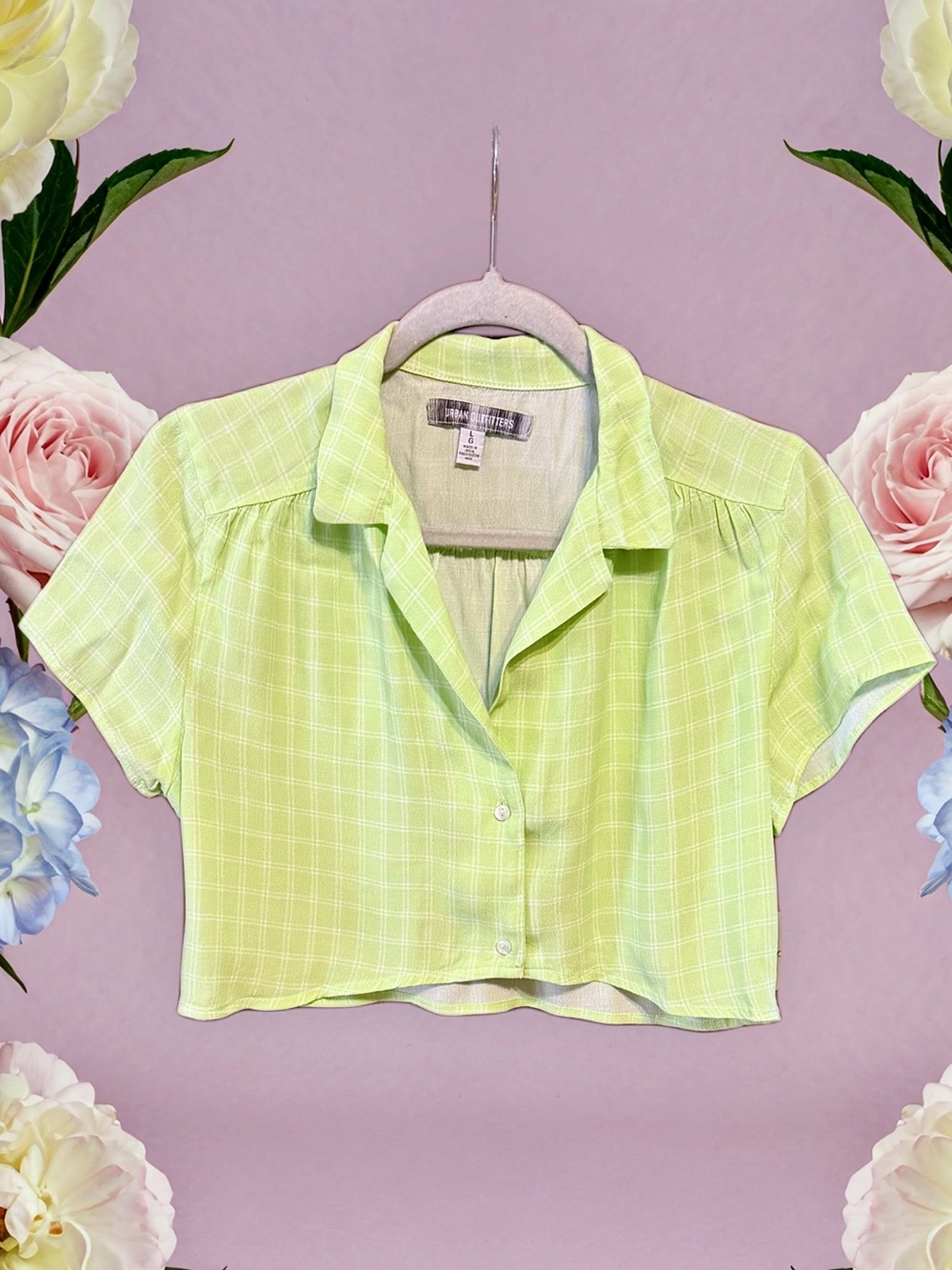 Urban Outfitters NWT Lime Green Plaid Cropped Button-Down Shirt size Large